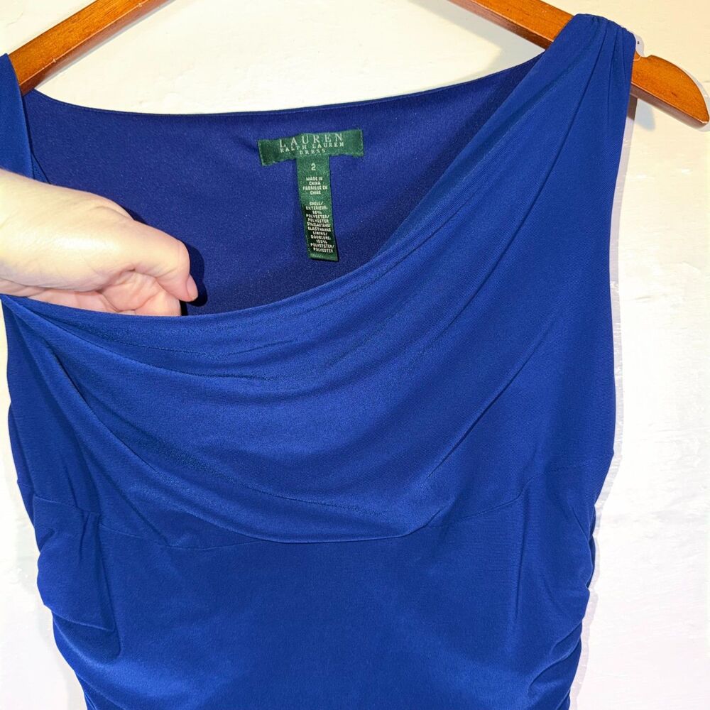 Lauren Ralph Lauren Blue Ruched Cowl Neck Stretch Sheath Dress Size 2 - Picture 3 of 11